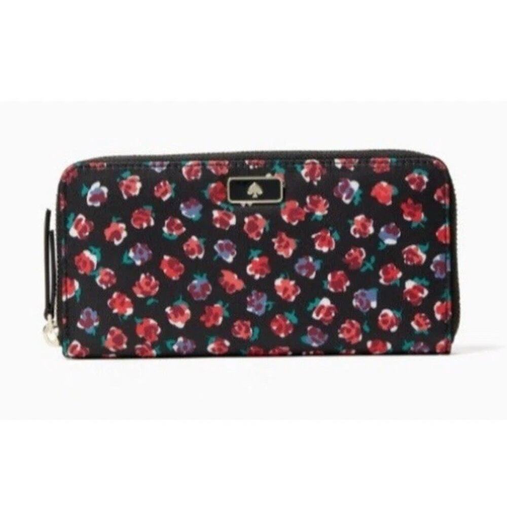 Kate Spade Dawn Roses Floral Red Purple Black Zip Around Wallet Black Clutch